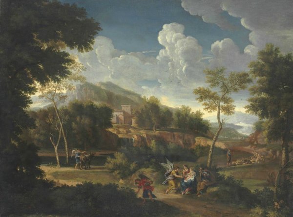 Main Product Photo of An Extensive Landscape With The Rest On The Flight Into Egypt Painting by Jan Frans Van Bloemen
