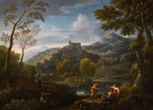 An italianate landscape with figures in the foreground, a hilltop town beyond by Jan Frans Van Bloemen Oil Painting