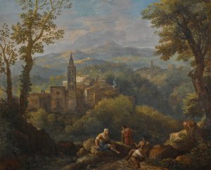 Italianate landscape with three figures in the foreground, hilltop villages and a church beyond by Jan Frans Van Bloemen Oil Painting