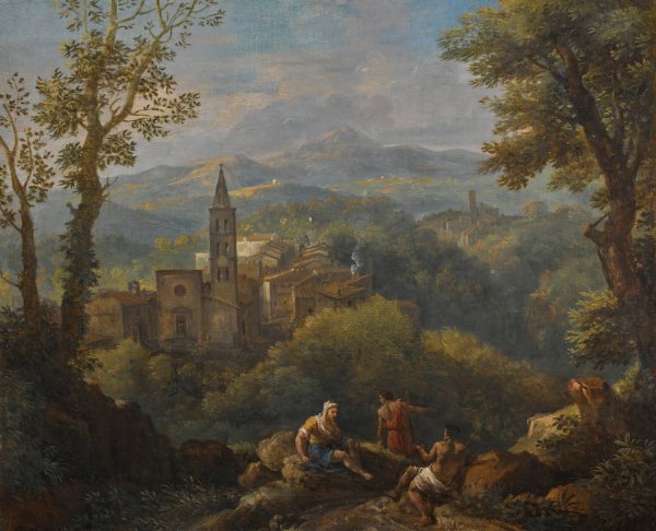 Main Product Photo of Italianate landscape with three figures in the foreground, hilltop villages and a church beyond Painting by Jan Frans Van Bloemen