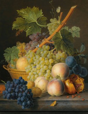 A Still Life With Grapes And Peaches In A Basket, An Open Pomegranate, Plums, Black Grapes And More Peaches, All On A Marble Ledge by Jan Frans Van Dael Oil Painting