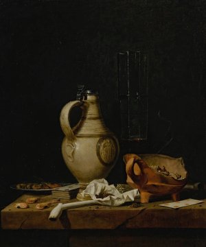 A Still Life With A Stoneware Jug, A Glass Of Beer, Playing Cards And Smokers' Requisites by Jan Fris Oil Painting