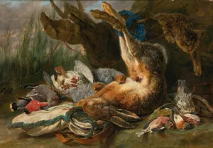 Gamepiece With A Hare And Various Wild Birds, A Cat Approaching From The Right Oil painting by Jan Fyt