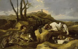 Spaniels Stalking Rabbits in the Dunes painting by Jan Fyt
