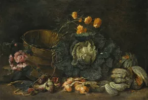 Still Life With Onions, Figs, Cucumbers, A Cabbage And Some Flowers Arranged On The Floor Next To A Wooden Tub Oil painting by Jan Fyt