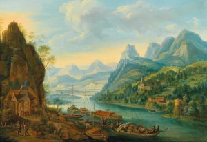 A river landscape with mountains by Jan Griffier Oil Painting