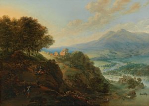A vast mountain landscape with peasants resting near a path and a small fortified town in a valley by Jan Griffier Oil Painting