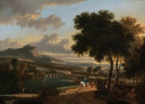 An Extensive Landscape With Travellers, Fishermen And Cattle Drovers On A Path With A Roman Bridge Beyond by Jan Hackaert Oil Painting