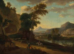 An extensive river landscape with travellers by Jan Hackaert Oil Painting