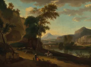 An extensive river landscape with travellers Oil painting by Jan Hackaert