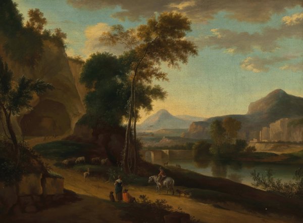 An extensive river landscape with travellers by Jan Hackaert - Hand-Painted Oil Painting Reproduction