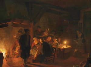 A family eating by candlelight in an interior by Jan Hendrik Van Grootvelt Oil Painting