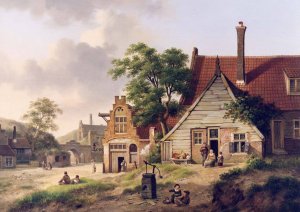 A Dutch Village Scene with Figures by Jan Hendrik Verheijen Oil Painting