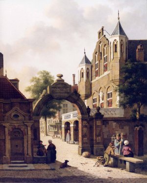 Dutch Street Scene with Figures in the Foreground by Jan Hendrik Verheijen Oil Painting