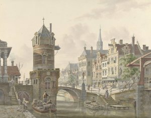Gracht in een stad met een torentje bij een stenen brug by Jan Hendrik Verheijen Oil Painting