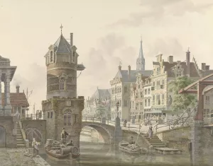 Gracht in een stad met een torentje bij een stenen brug by Jan Hendrik Verheijen Oil Painting