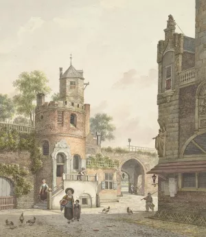 Stadsmuur met een toren en een poort, van binnen gezien by Jan Hendrik Verheijen Oil Painting