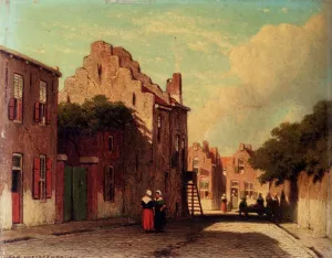 A Sunlit Townview with Figures Conversing