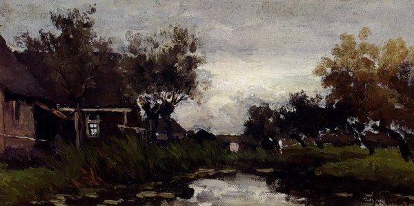 Main Product Photo of Farmhouses On The Waterfront Painting by Jan Hendrik Weissenbruch