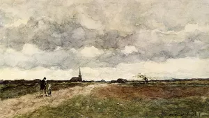 Figures On A Country Road, A Church In The Distance by Jan Hendrik Weissenbruch - Oil Painting Reproduction