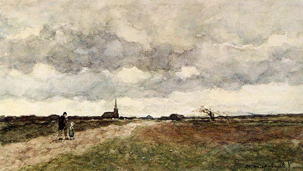 Figures On A Country Road, A Church In The Distance