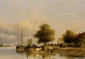 Townsfolk on a Quay, Wijk Bij Duursrede by Jan Hendrik Weissenbruch - Oil Painting Reproduction