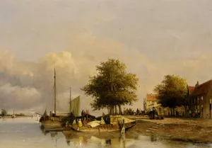 Townsfolk on a Quay, Wijk Bij Duursrede Oil painting by Jan Hendrik Weissenbruch
