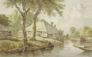 Bei zwei Baumen ein Haus am Wasser, ein Steg, rechts die Spitze eines Kahnes by Jan Hulswit Oil Painting