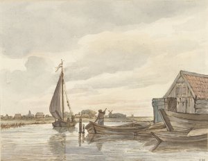 Enkele bootjes op een sloot by Jan Hulswit Oil Painting