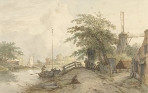 Landschap met bruggetje en huis aan weg langs een water by Jan Hulswit Oil Painting