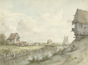 Rivierlandschap met schetsende tekenaar tussen hutjes by Jan Hulswit Oil Painting