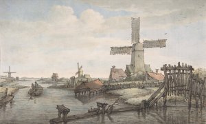 View of a Canal with Three Windmills by Jan Hulswit Oil Painting