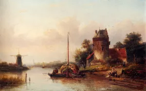 A River Landscape in Summer with a Moored Haybarge by a Fortified Farmhouse by Jan Jacob Spohler Oil Painting