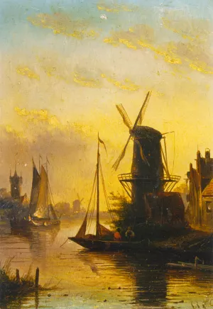 A Summer Landscape with a Windmill at Sunset by Jan Jacob Spohler Oil Painting