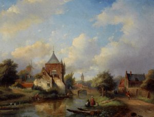 A Summer Landscape with Figures Along the Riverside by Jan Jacob Spohler Oil Painting