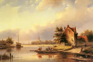A Summer's Day at the Ferry Crossing by Jan Jacob Spohler - Oil Painting Reproduction