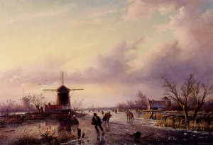 A Winter Landscape with Figures on a Frozen Waterway Oil painting by Jan Jacob Spohler