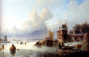 A Winter Landscape With Numerous Skaters On A Frozen Waterway, Dordrecht In The Distance by Jan Jacob Spohler Oil Painting