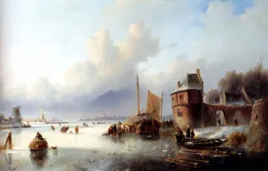 A Winter Landscape With Numerous Skaters On A Frozen Waterway, Dordrecht In The Distance by Jan Jacob Spohler - Oil Painting Reproduction