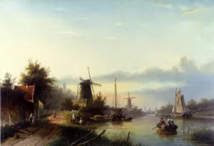 Boats On A Dutch Canal painting by Jan Jacob Spohler