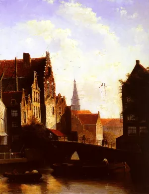 Figures on a Bridge in a Dutch Town painting by Jan Jacob Spohler