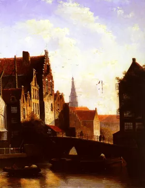 Figures on a Bridge in a Dutch Town Oil painting by Jan Jacob Spohler