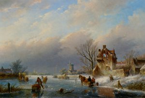 Figures on the Ice in a Winter Landscape Oil painting by Jan Jacob Spohler