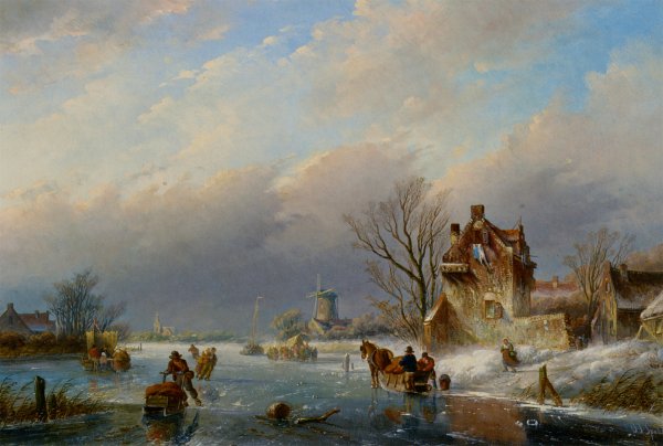 Main Product Photo of Figures on the Ice in a Winter Landscape Painting by Jan Jacob Spohler