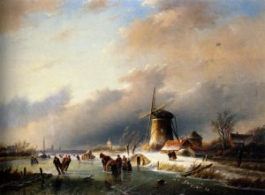 Figures Skating on a Frozen River by Jan Jacob Spohler Oil Painting