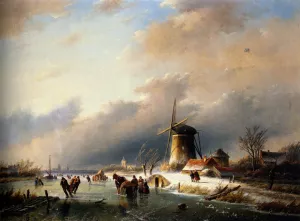 Figures Skating on a Frozen River by Jan Jacob Spohler - Oil Painting Reproduction