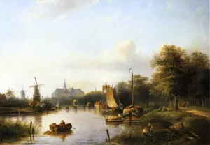 Jan Jacob Spohler A View of the River Spaarne Haarlem with Moored Shipping and a Hay-Barge the St. Bavo Church in the Background painting by Jan Jacob Spohler
