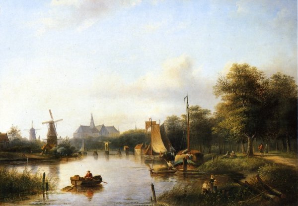 Jan Jacob Spohler A View of the River Spaarne Haarlem with Moored Shipping and a Hay-Barge the St. Bavo Church in the Background 