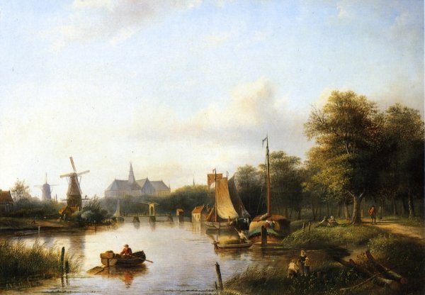Main Product Photo of Jan Jacob Spohler A View of the River Spaarne Haarlem with Moored Shipping and a Hay-Barge the St. Bavo Church in the Background  Painting by Jan Jacob Spohler