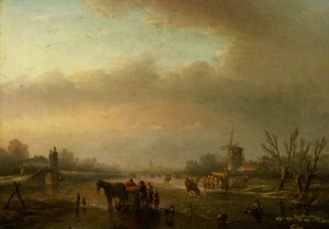 Skaters on a Frozen Canal by Jan Jacob Spohler Oil Painting